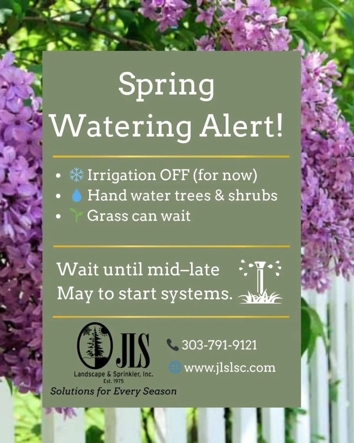 JLS Landscape spring watering alert infographic — keep irrigation off, hand water trees and shrubs, wait until mid-late May to start systems