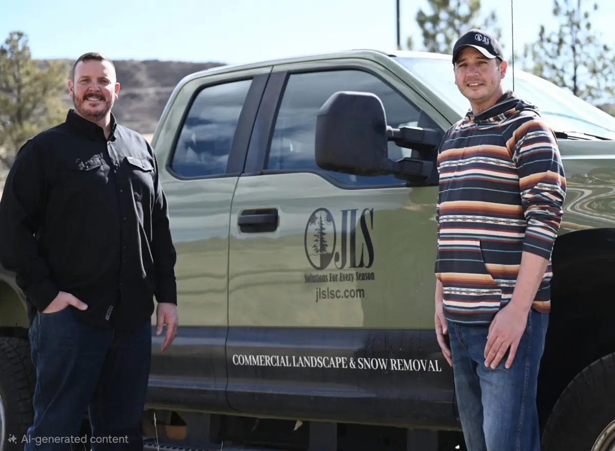 John and Jeremy Reffel, owners of JLS Landscape and Sprinkler, by branded truck